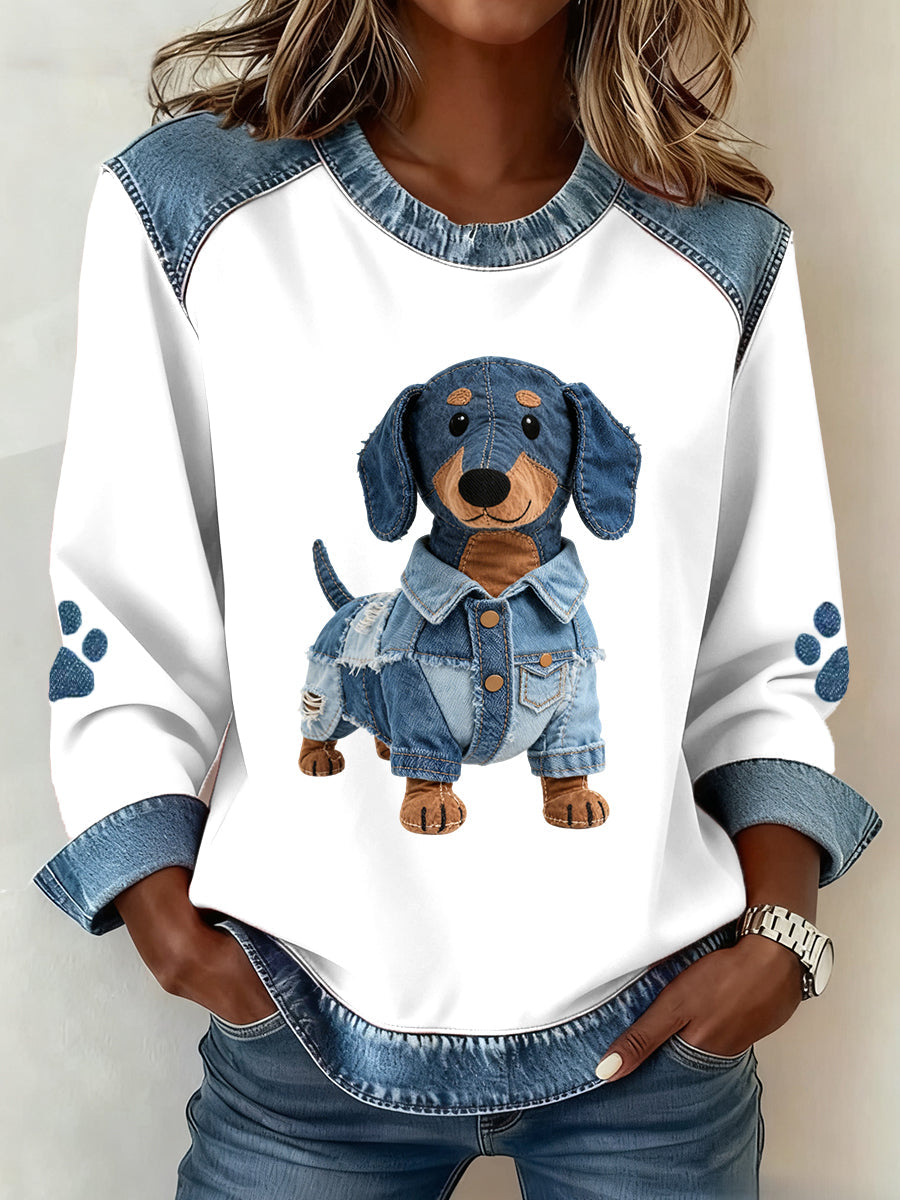 Schattige dameshoodie met jeans patchworkmotief voor dachshunds