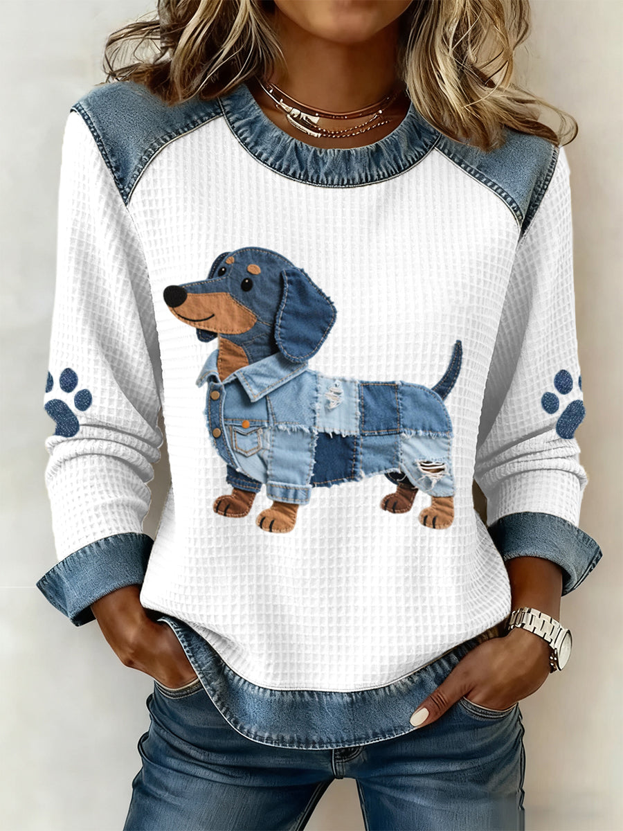 Dames sweatshirt met patchworkmotief in een prachtig dachshundpatroon